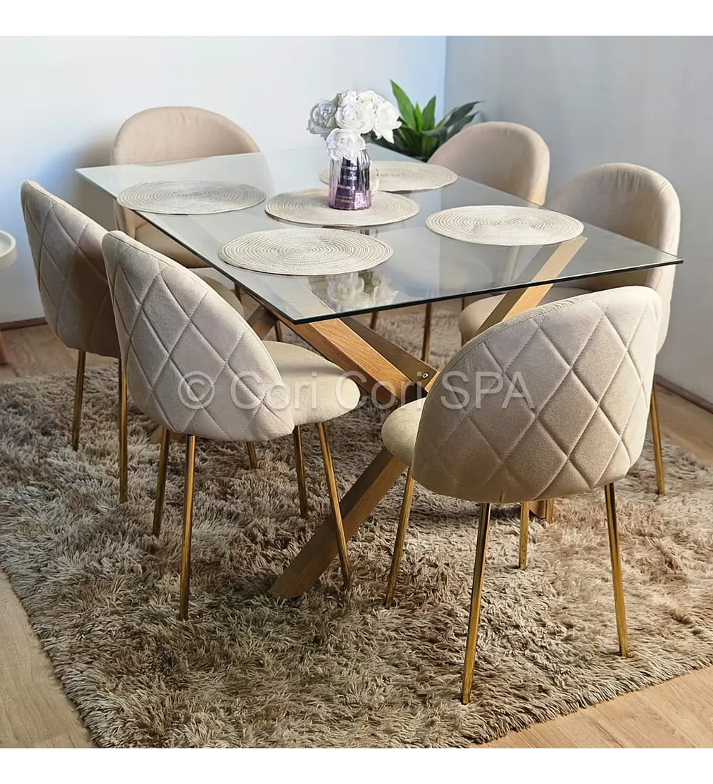 Comedor Medlock 140x90cms + 6 Sillas Bread Lino Gold