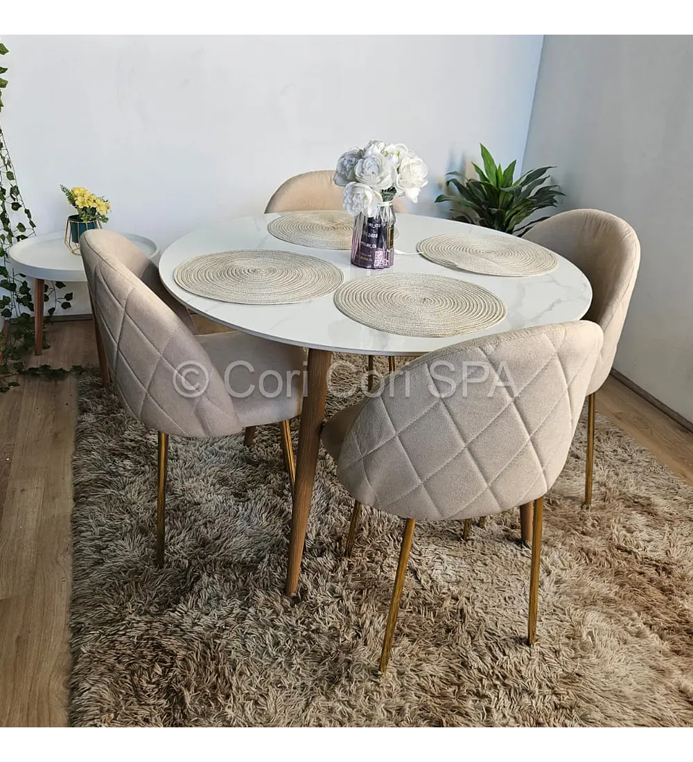 Comedor Mesa Mármol 100cms + 4 Sillas Bread Velvet Gold