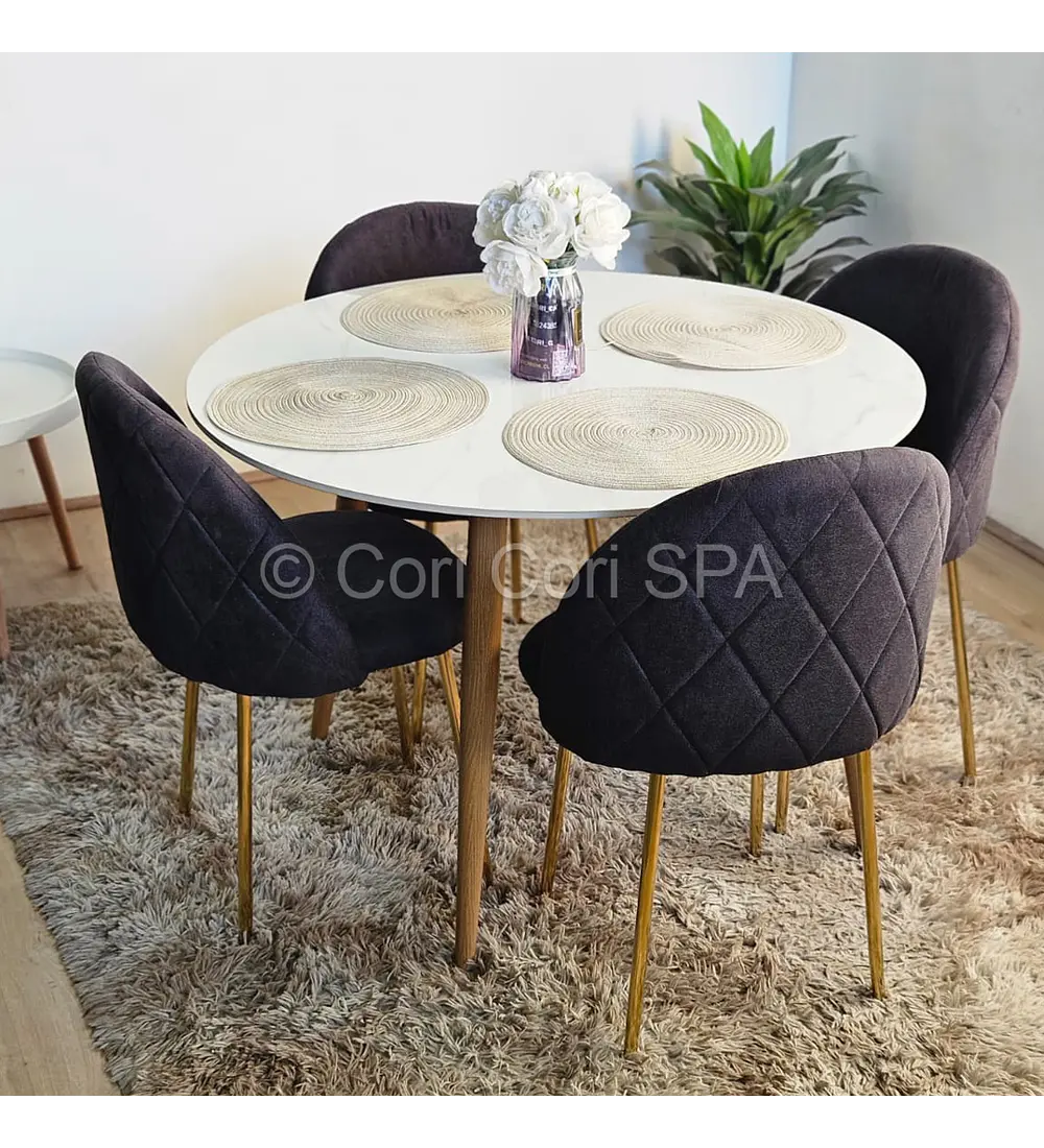 Comedor Mesa Mármol 100cms + 4 Sillas Bread Velvet Gold