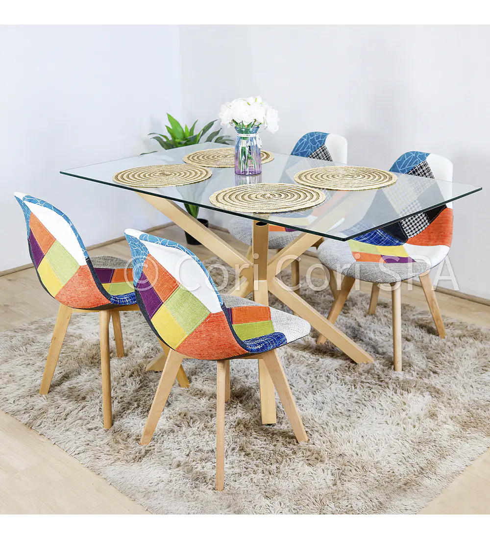 Comedor Madrid 160x90cm + 4 Sillas Patchwork Wood 