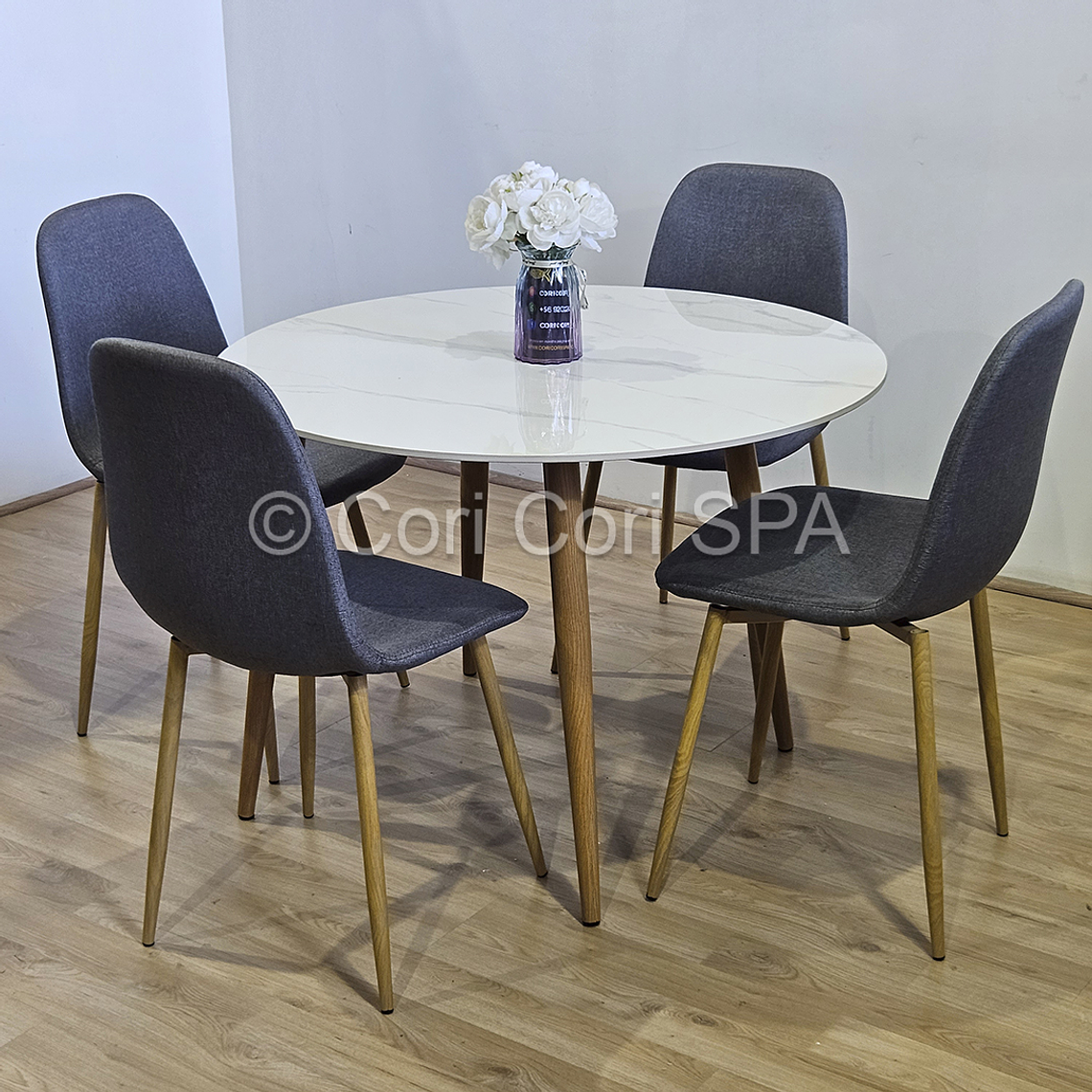 Comedor Mesa Mármol 80cms + 4 Sillas Scoop Lino 1