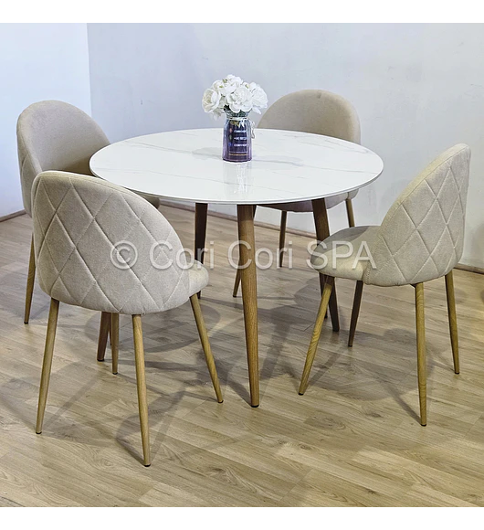 Comedor Mesa Mármol 80cms + 4 Sillas Bread Lino Wood