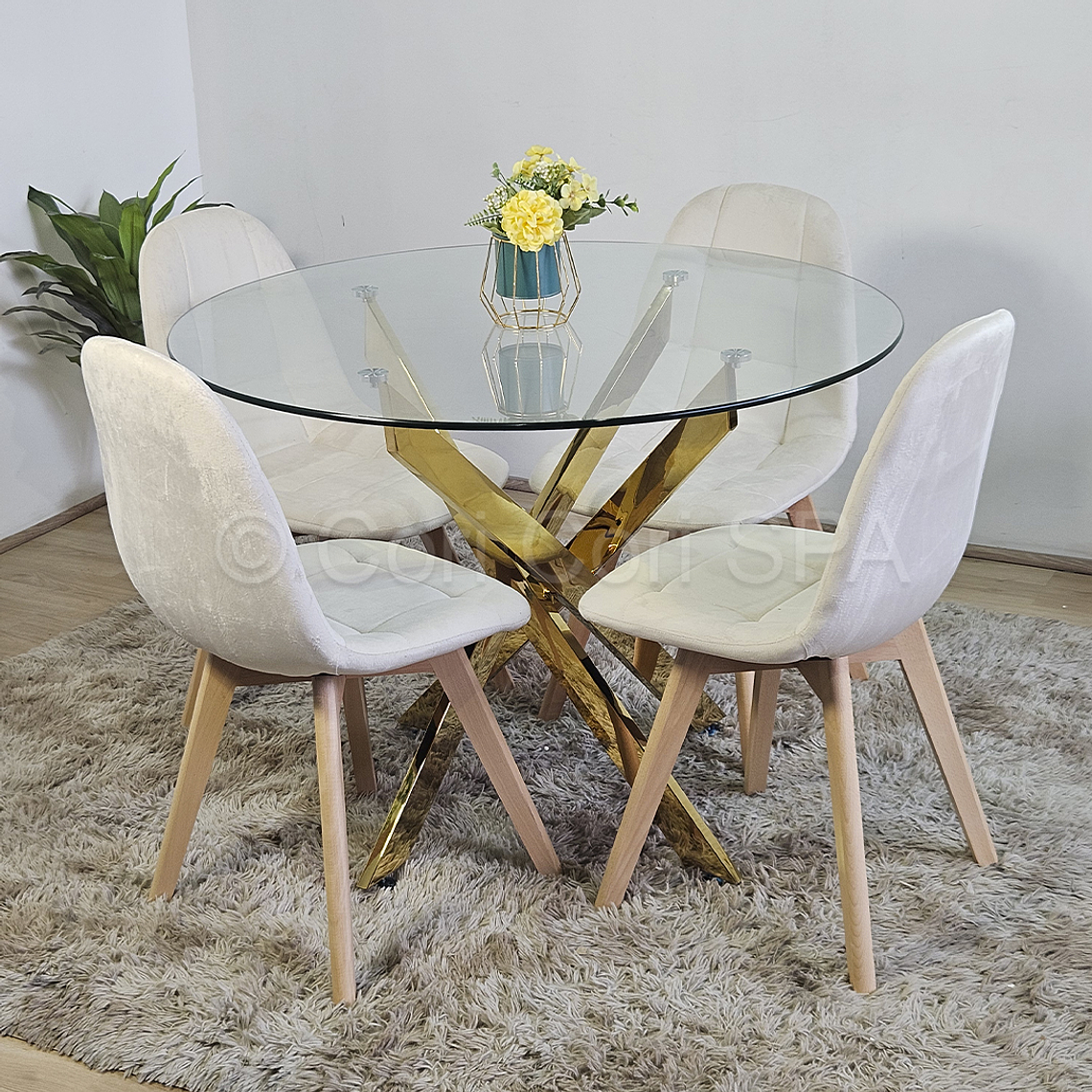 Comedor Mesa Warwick Gold 100cm + 4 Sillas Capitonne Velvet 2