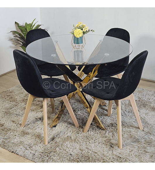 Comedor Mesa Warwick Gold 100cm + 4 Sillas Capitonne Velvet