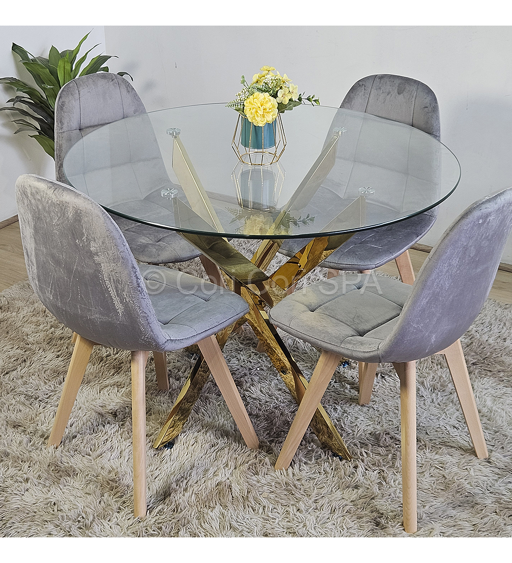 Comedor Mesa Warwick Gold 100cm + 4 Sillas Capitonne Velvet