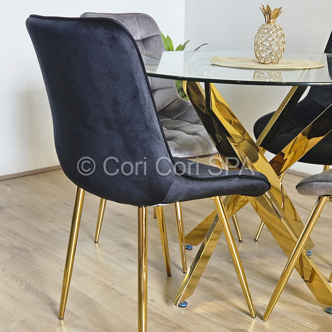 Comedor Warwick Gold 100cm + 4 Sillas Capitonne Top 4