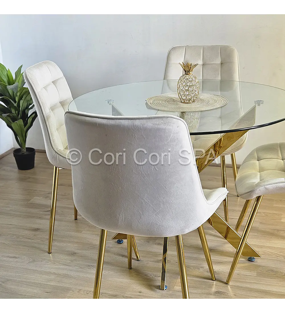 Comedor Dubai Gold 100cm + 4 Sillas Capitonne Top Gold