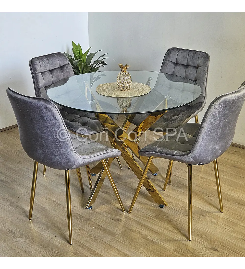 Comedor Dubai Gold 120cm + 4 Sillas Capitonne Top