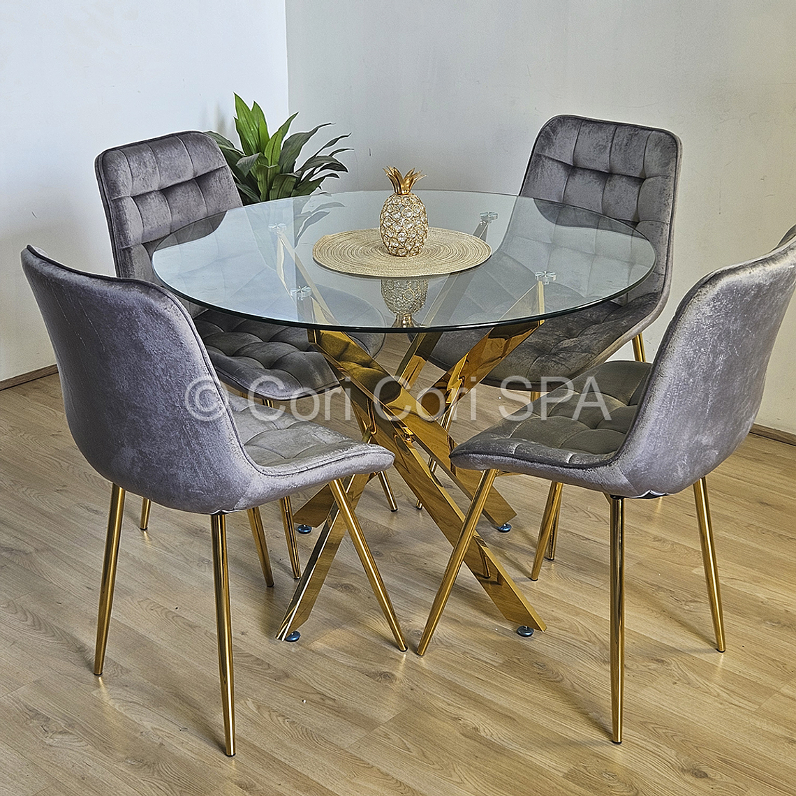 Comedor Warwick Gold 120cm + 4 Sillas Capitonne Top 1