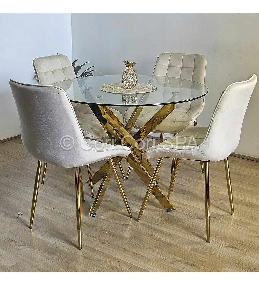 Comedor Dubai Gold 120cm + 4 Sillas Capitonne Top
