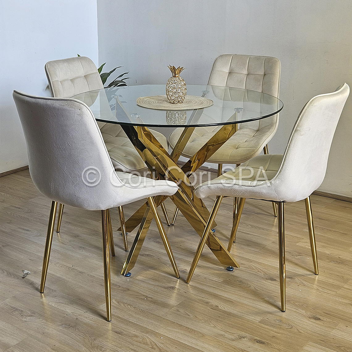 Comedor Warwick Gold 120cm + 4 Sillas Capitonne Top 2