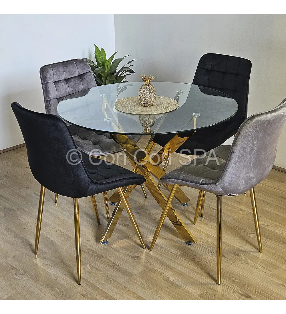 Comedor Dubai Gold 120cm + 4 Sillas Capitonne Top