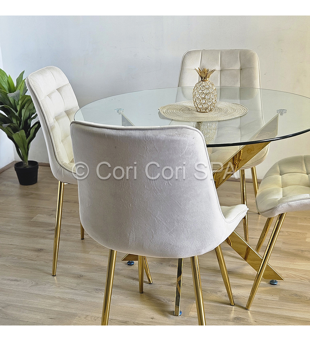 Comedor Dubai Gold 120cm + 4 Sillas Capitonne Top