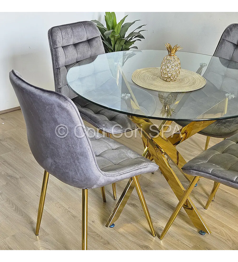 Comedor Dubai Gold 120cm + 4 Sillas Capitonne Top