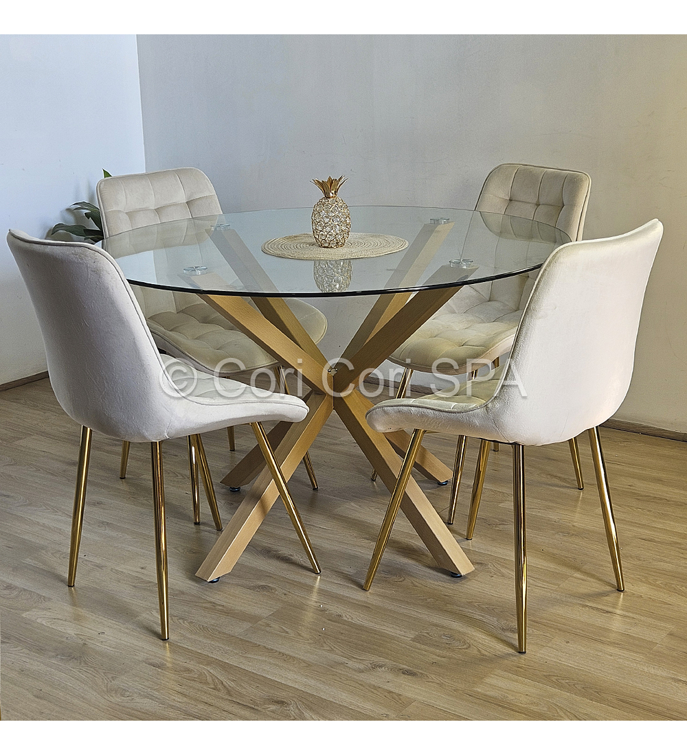 Comedor Warwick 120cm + 4 Sillas Capitonne Top Gold