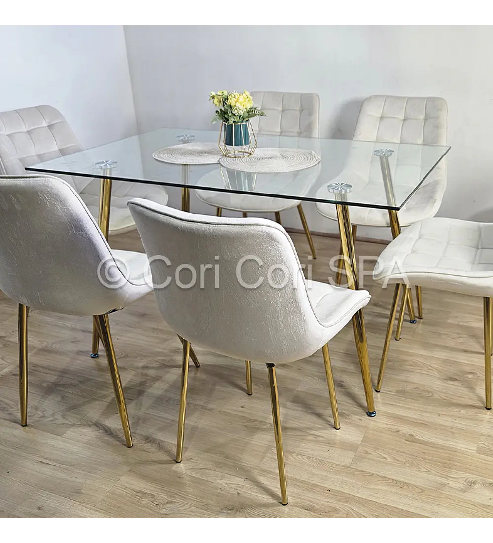 Comedor Rubi Gold 130 x 80cms + 6 Sillas Capitonne Top Gold
