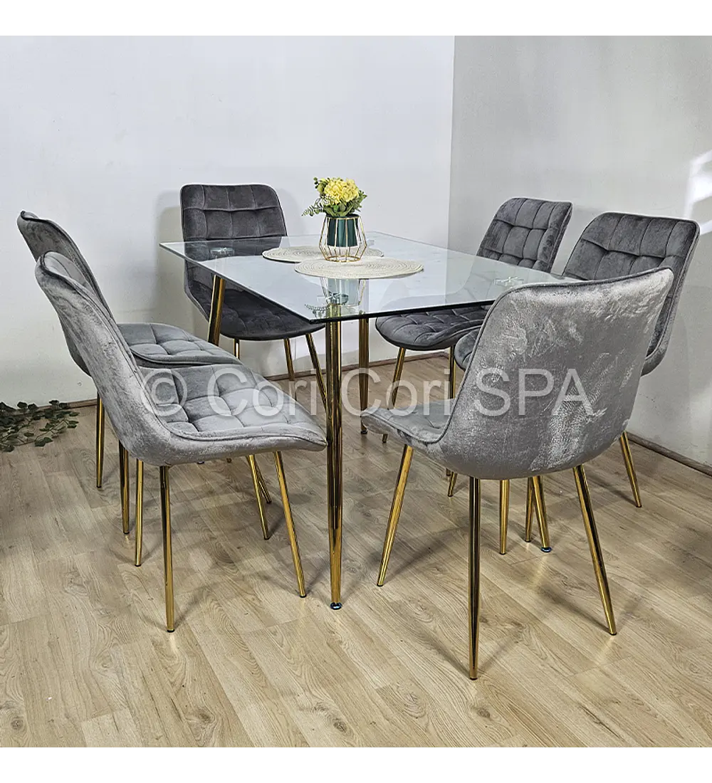 Comedor Rubi Gold 160 x 80cms + 6 Sillas Capitonne Top