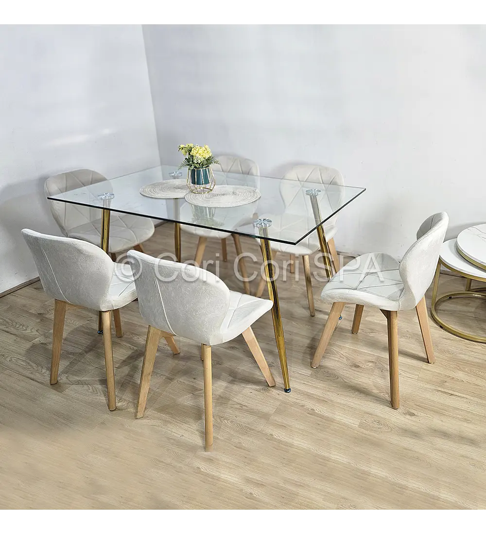 Comedor Rubi Gold 160x80cms + 6 Sillas Mariposa Velvet