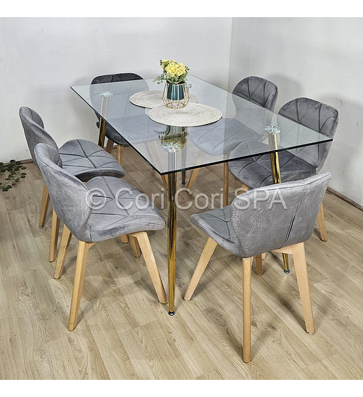 Comedor Rubi Gold 160x80cms + 6 Sillas Mariposa Velvet