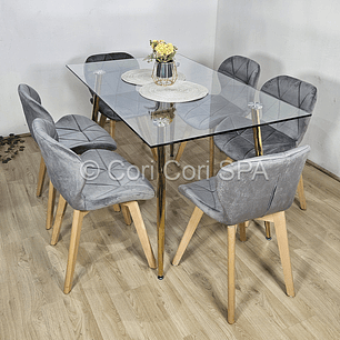 Comedor Rubi Gold 160x80cms + 6 Sillas Mariposa Velvet