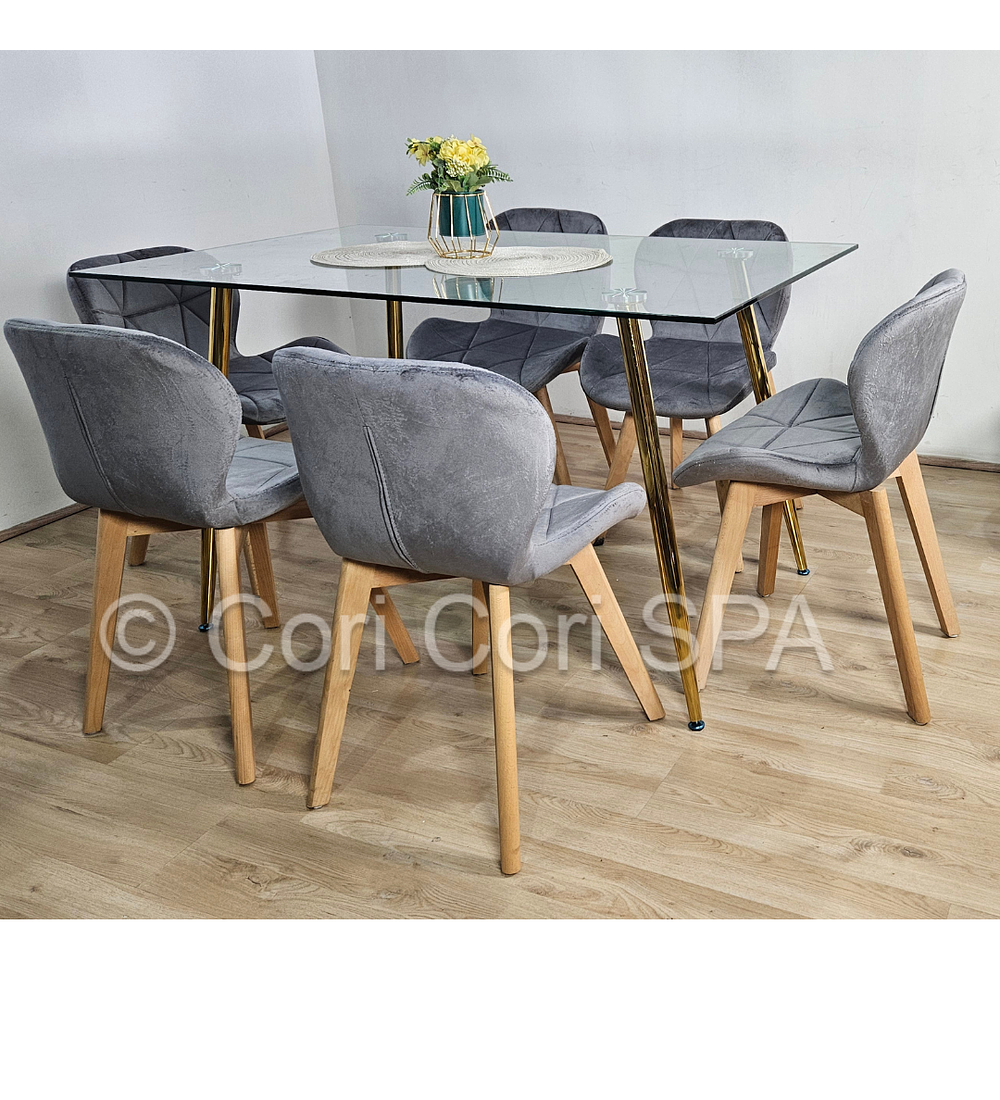 Comedor Rubi Gold 13x80cms + 6 Sillas Mariposa Velvet