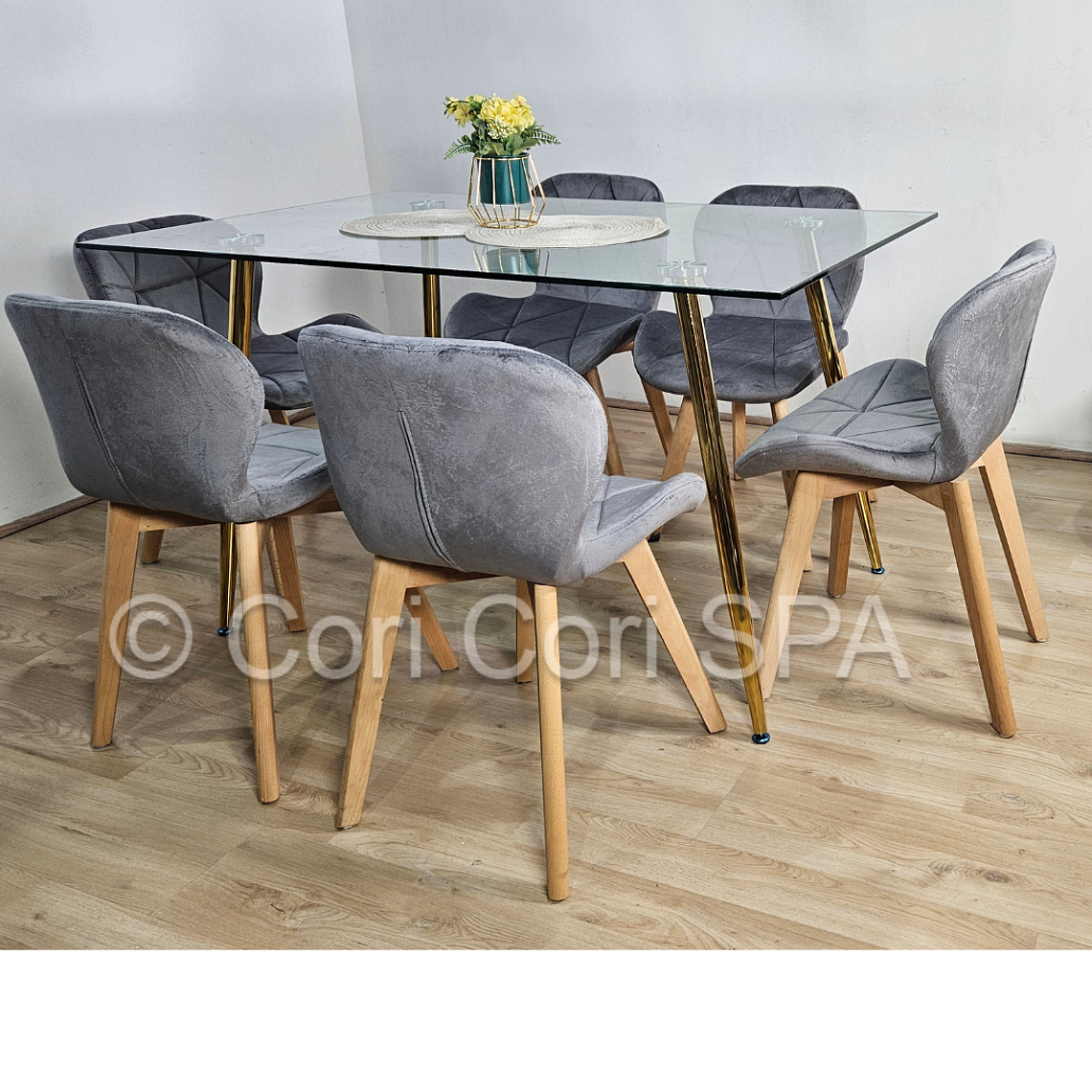 Comedor Rubi Gold 13x80cms + 6 Sillas Mariposa Velvet 2