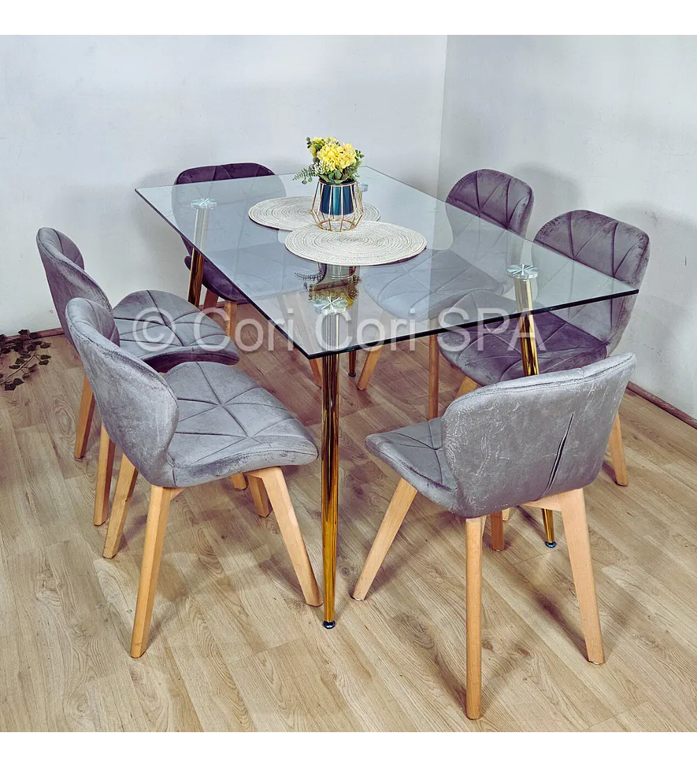 Comedor Rubi Gold 13x80cms + 6 Sillas Mariposa Velvet