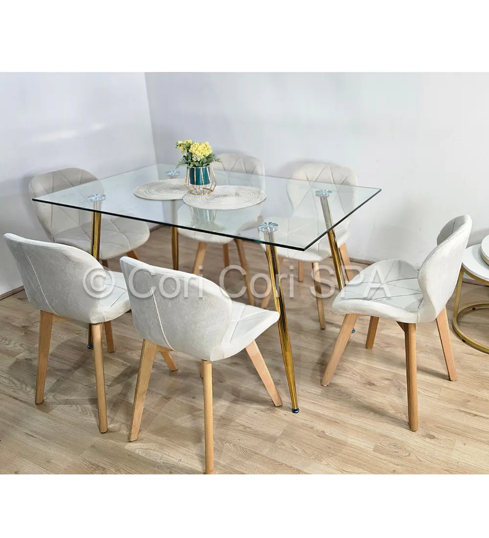 Comedor Rubi Gold 13x80cms + 6 Sillas Mariposa Velvet