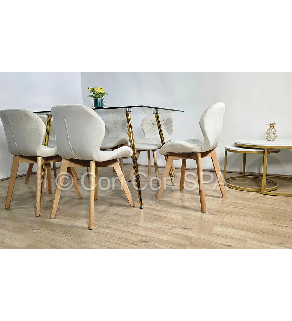 Comedor Rubi Gold 13x80cms + 6 Sillas Mariposa Velvet