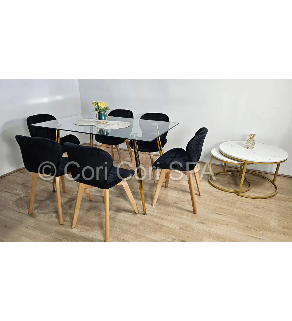 Comedor Rubi Gold 13x80cms + 6 Sillas Mariposa Velvet