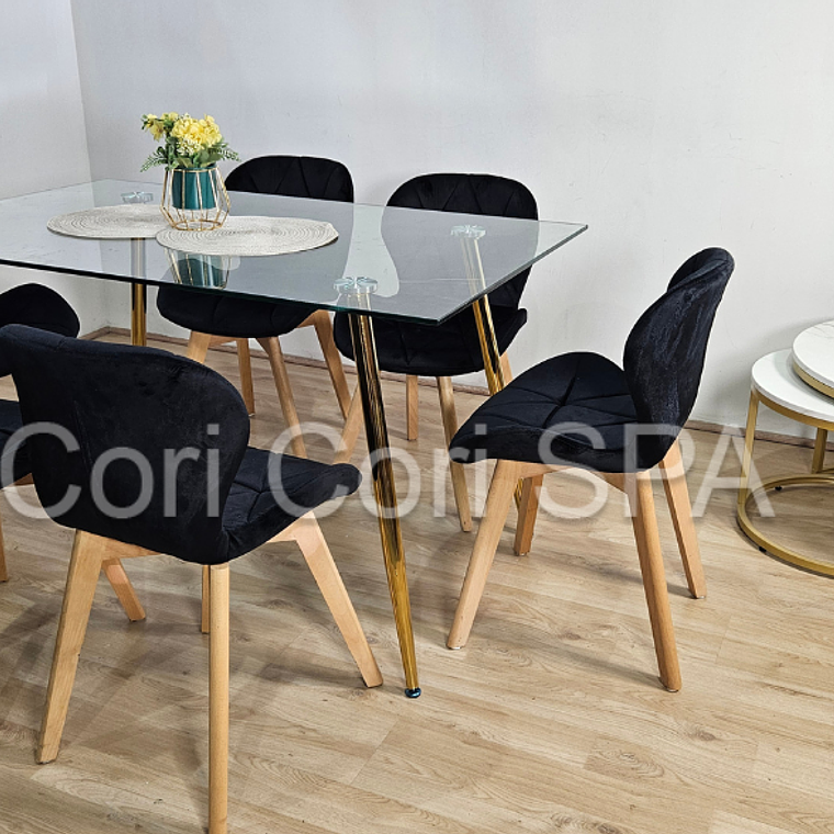 Comedor Rubi Gold 13x80cms + 6 Sillas Mariposa Velvet 8