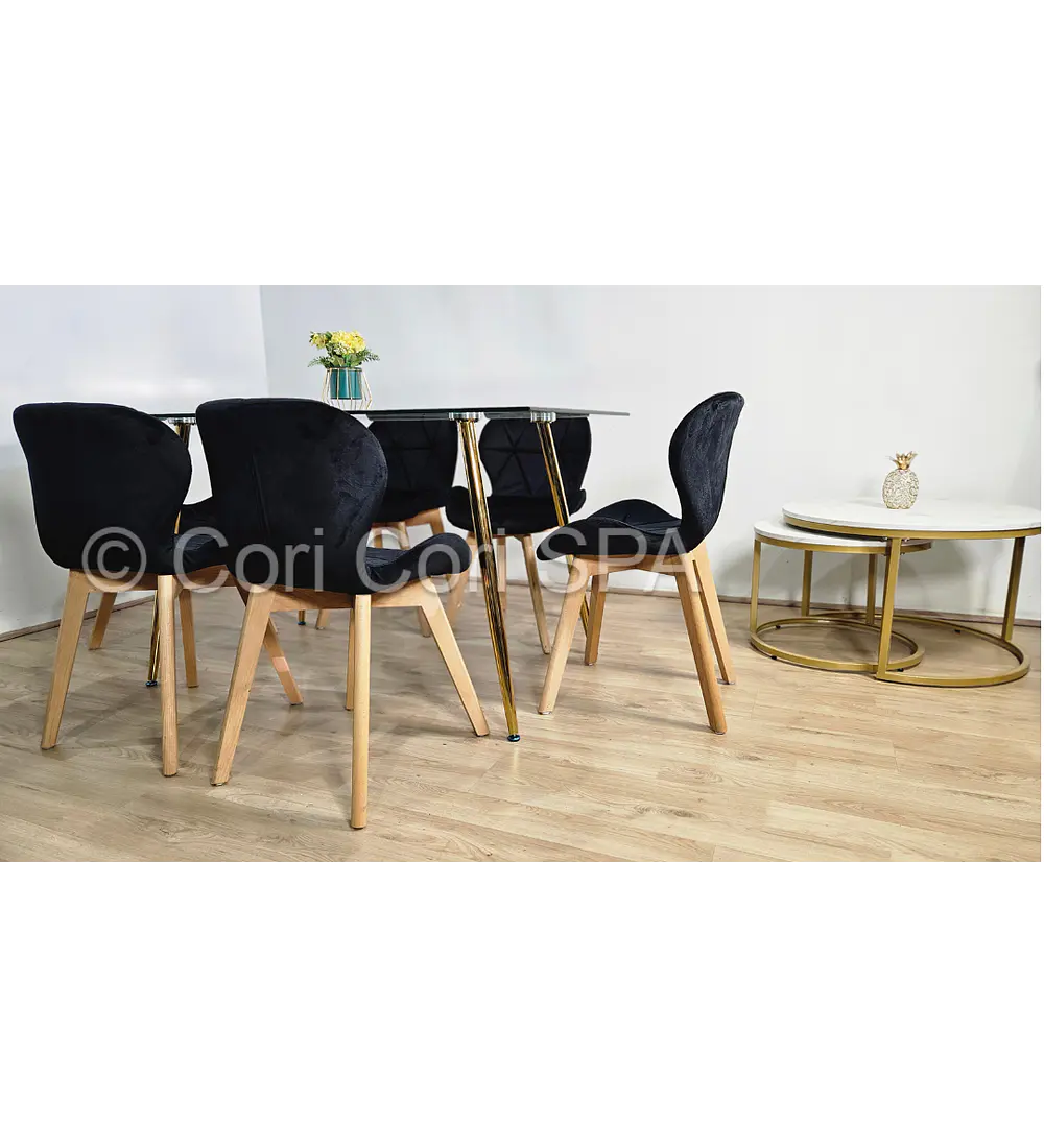 Comedor Rubi Gold 13x80cms + 6 Sillas Mariposa Velvet