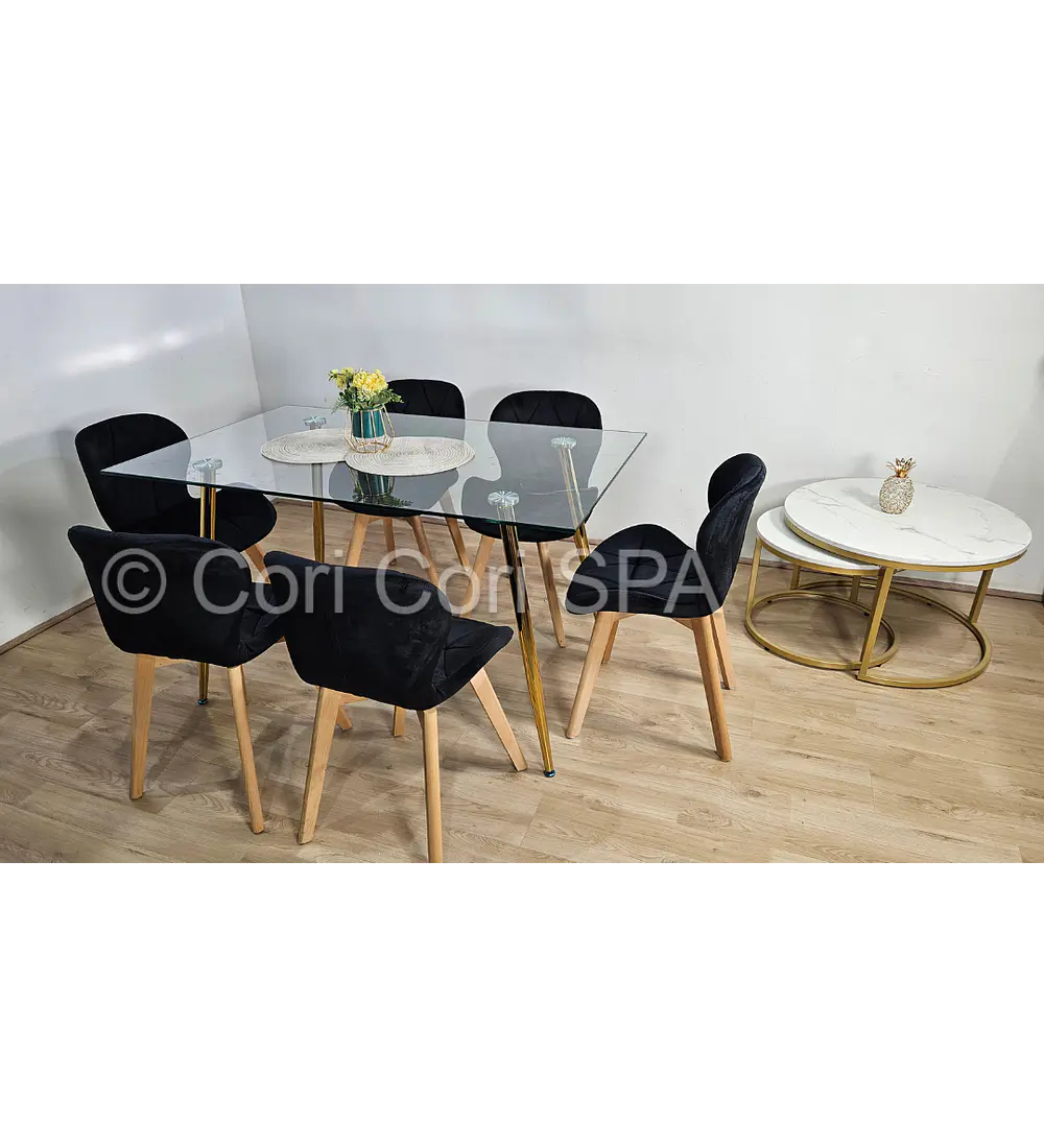 Comedor Rubi Gold 13x80cms + 6 Sillas Mariposa Velvet