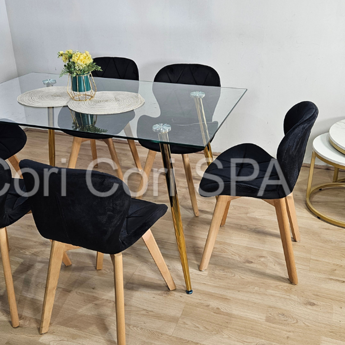 Comedor Rubi Gold 13x80cms + 6 Sillas Mariposa Velvet 10