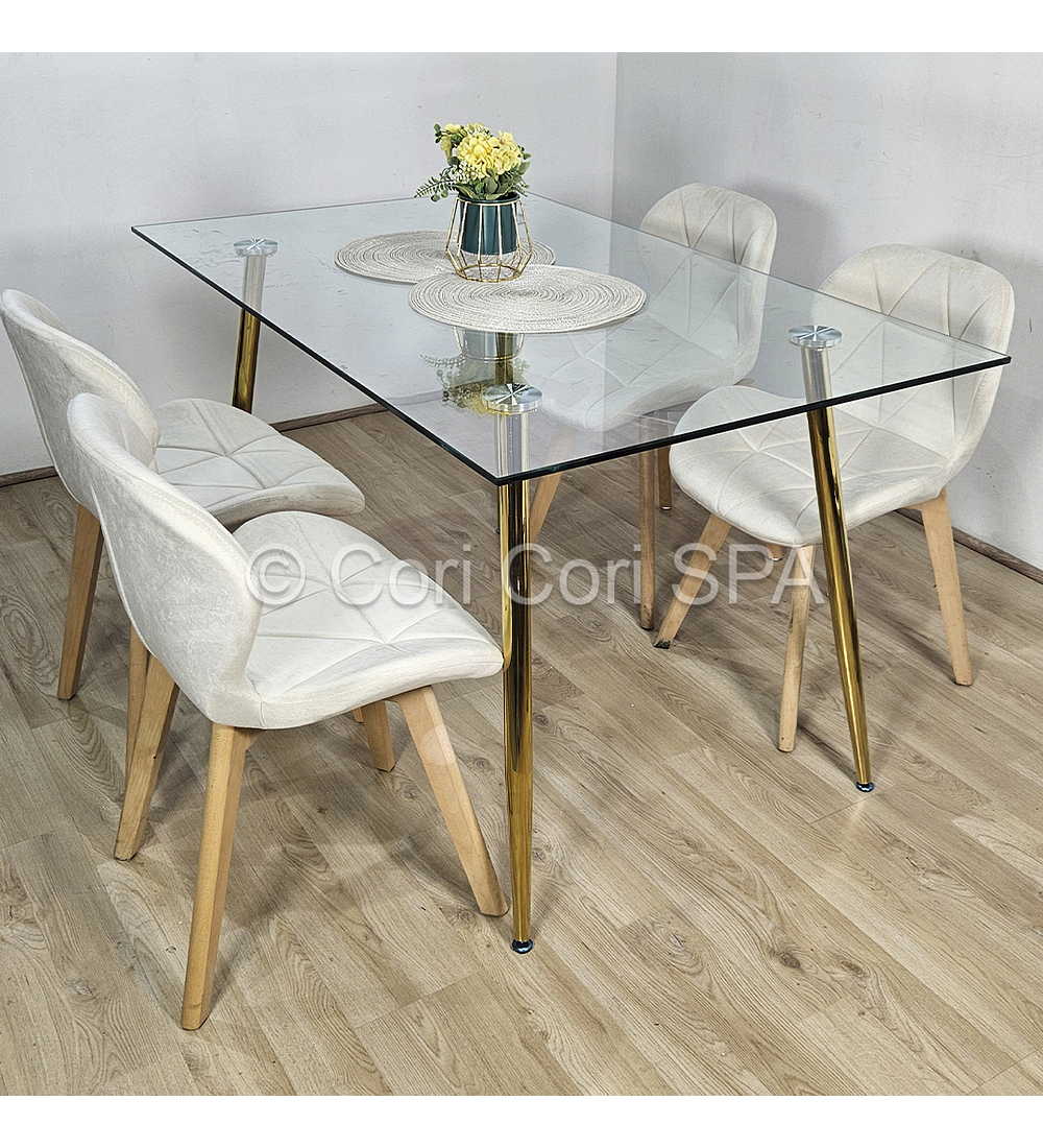 Comedor Rubi Gold 130x80cm + 4 Sillas Mariposa Velvet