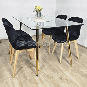 Comedor Rubi Gold 13x80cms + 4 Sillas Mariposa Velvet