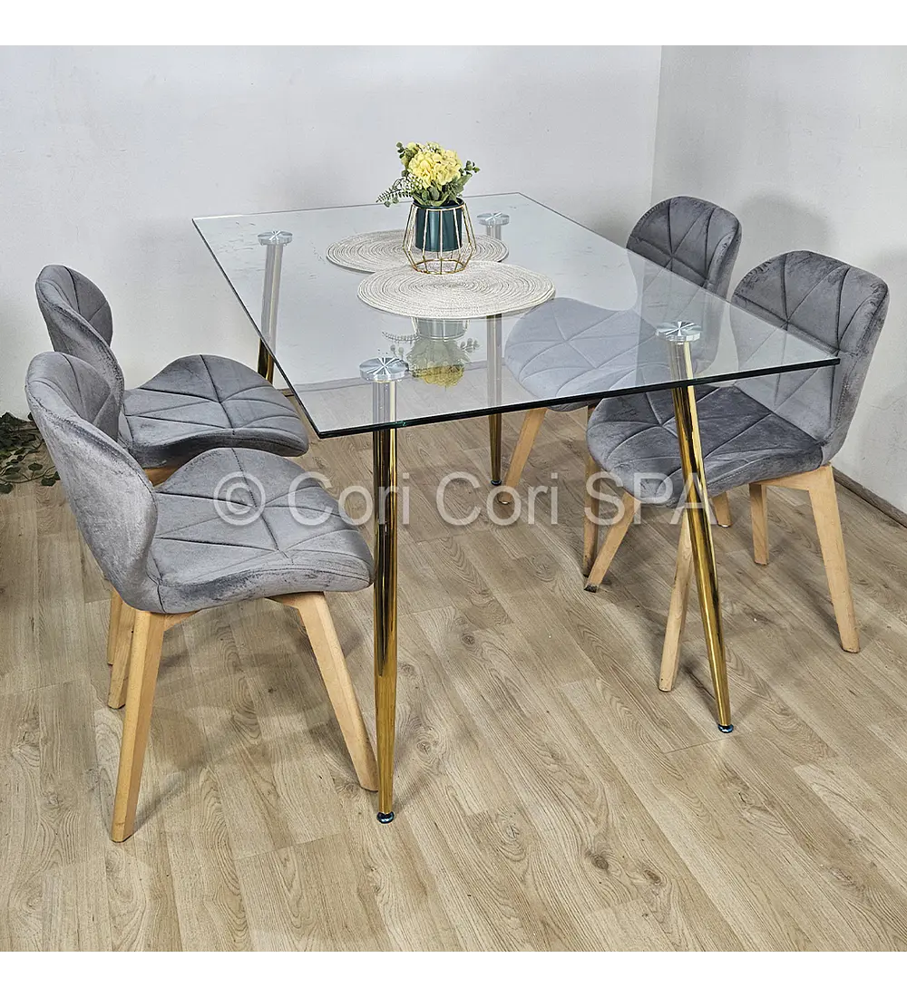 Comedor Rubi Gold 13x80cms + 4 Sillas Mariposa Velvet