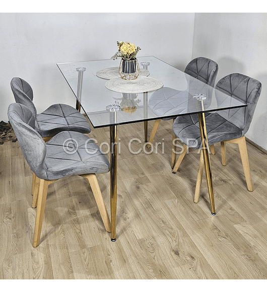 Comedor Rubi Gold 130x80cm + 4 Sillas Mariposa Velvet