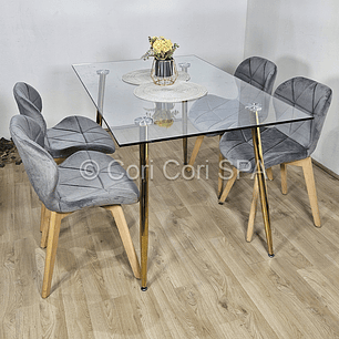 Comedor Rubi Gold 13x80cms + 4 Sillas Mariposa Velvet