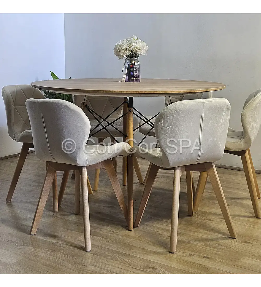 Comedor Mesa Wood 120cm + 6 Sillas Mariposa Velvet