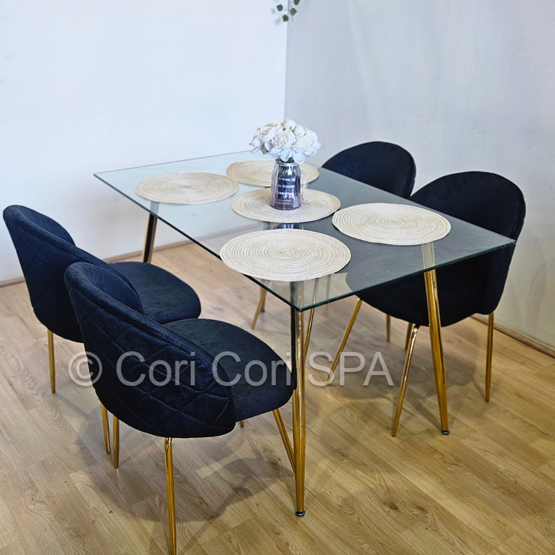 Comedor Rubi Gold 130x80cms  + 4 Sillas Bread Gold Velvet  2