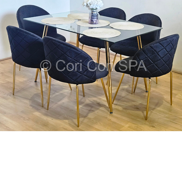 Comedor Rubi Gold 130x80cms  + 6 Sillas Bread Gold Velvet  4