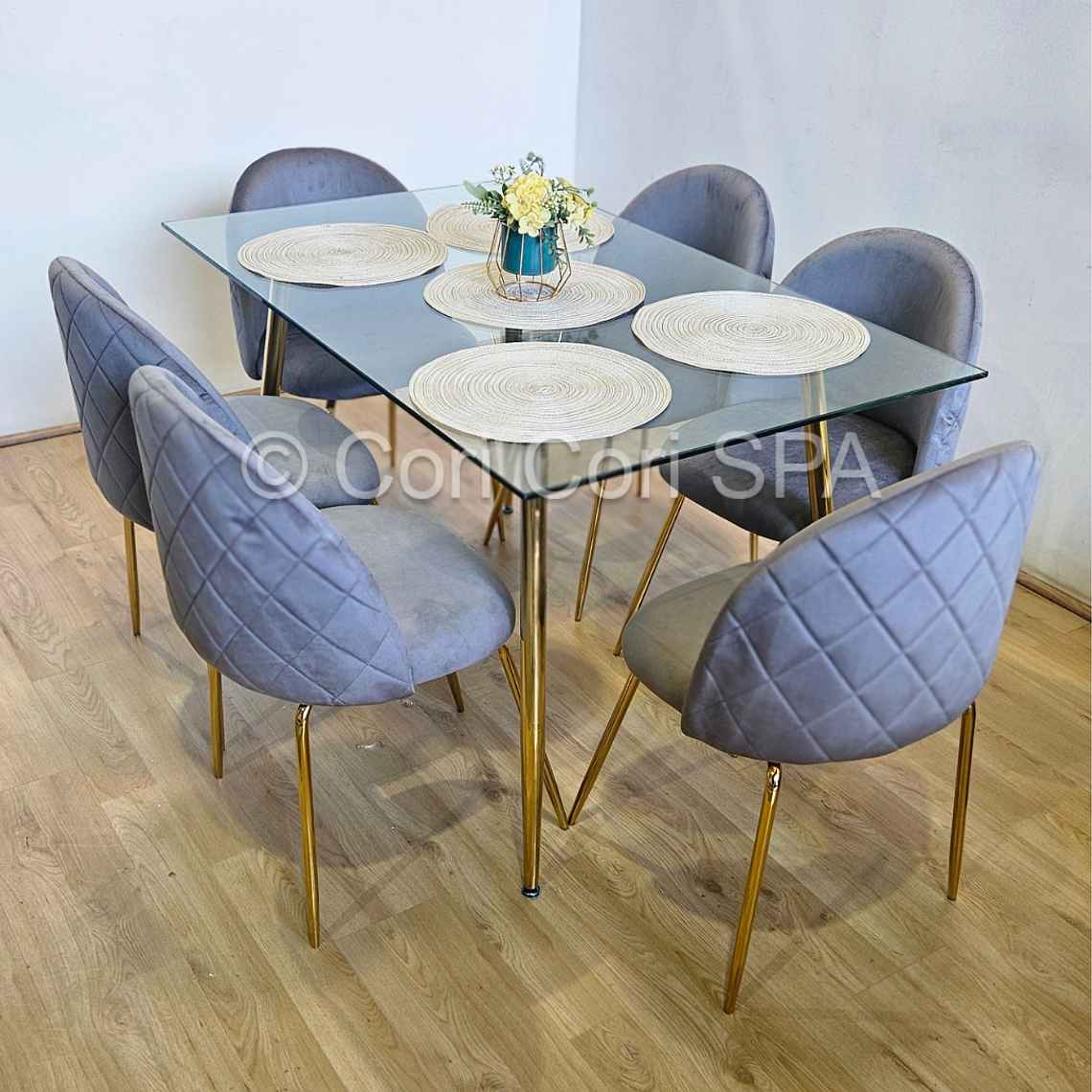 Comedor Rubi Gold 130x80cms  + 6 Sillas Bread Gold Velvet  1