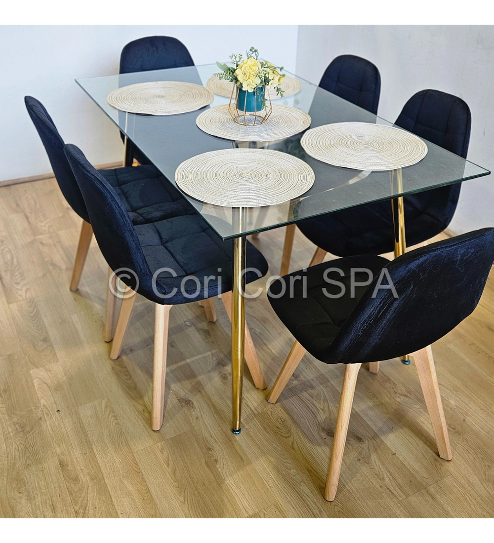 Comedor Rubi Gold 130x80cms + 6 Sillas Capitonne Velvet 