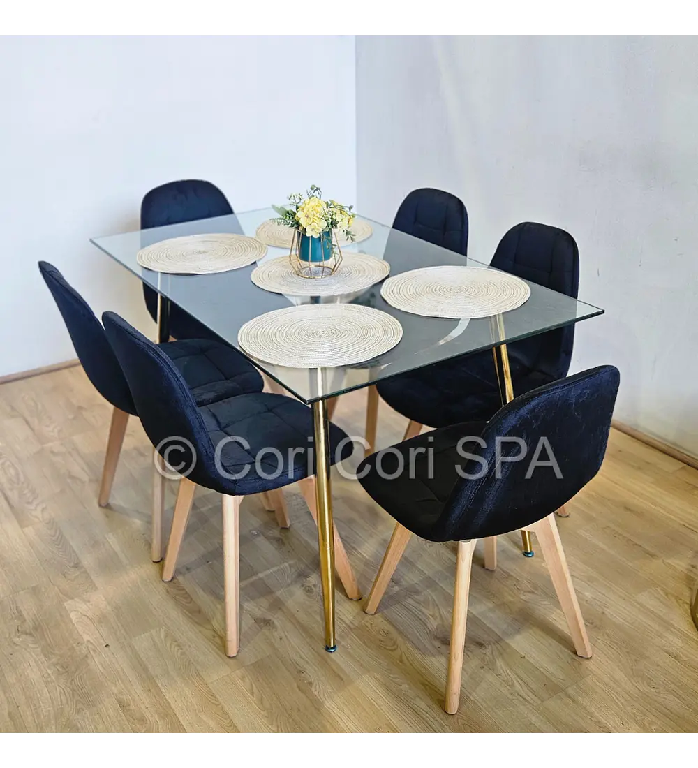 Comedor Rubi Gold 130x80cms + 6 Sillas Capitonne Velvet 