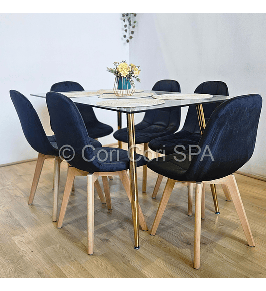 Comedor Rubi Gold 130x80cms + 6 Sillas Capitonne Velvet 