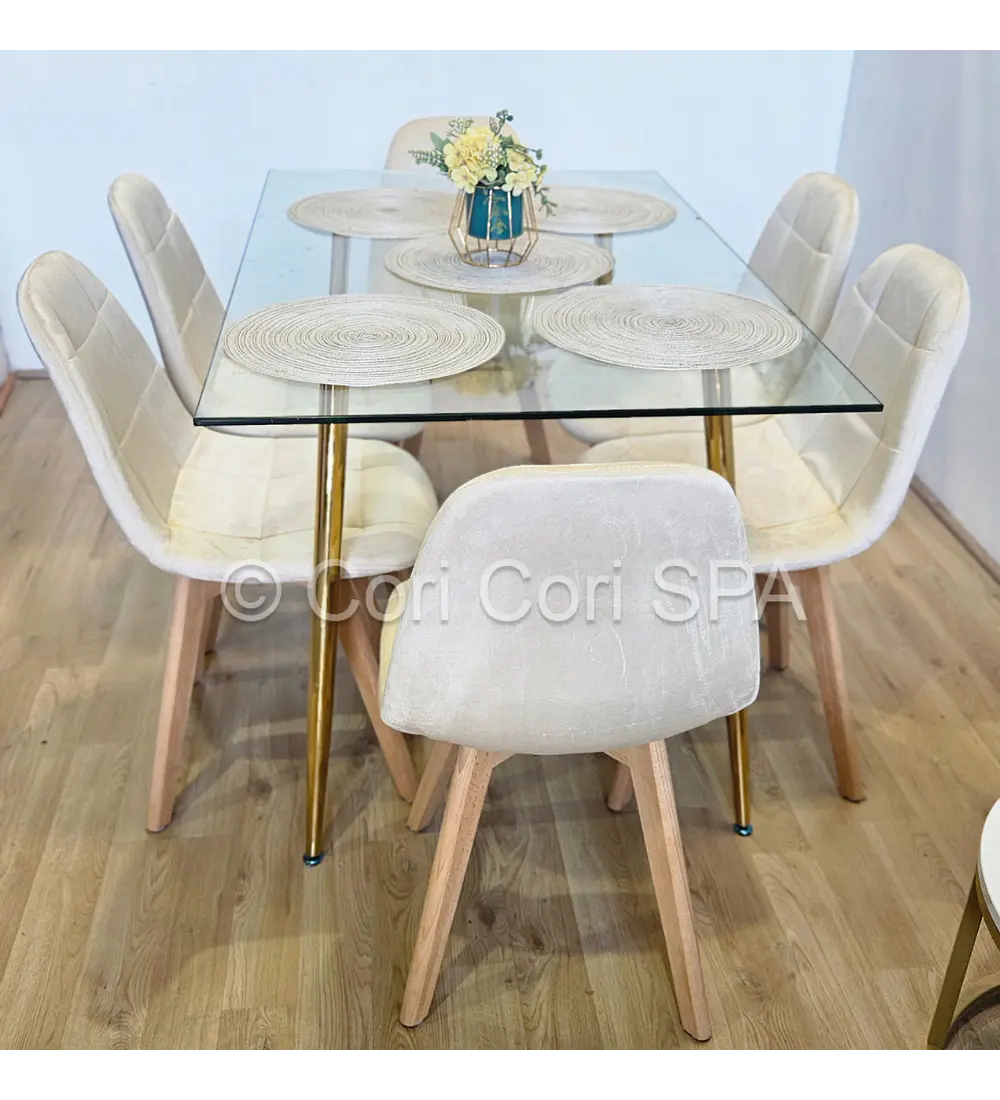 Comedor Rubi Gold 130x80cms + 6 Sillas Capitonne Velvet 