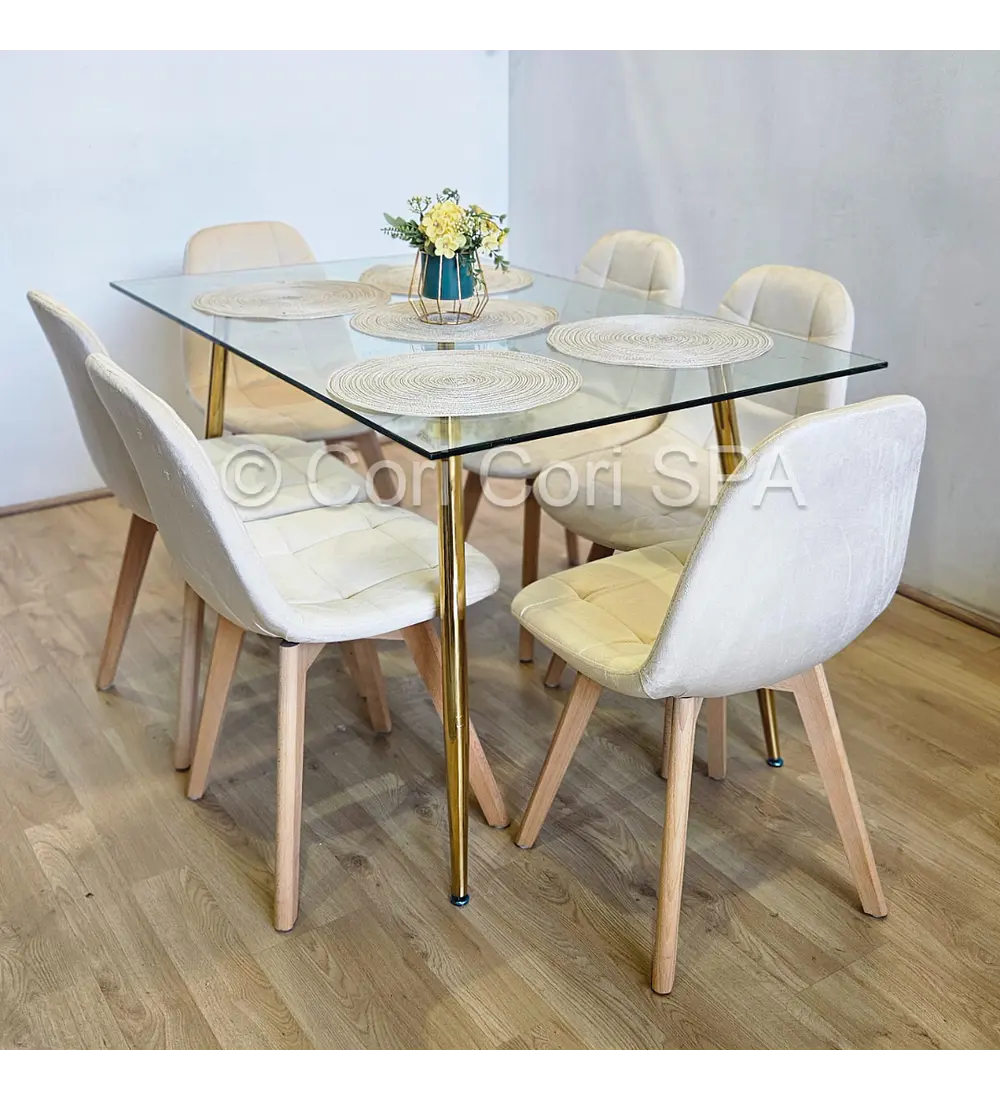 Comedor Rubi Gold 130x80cms + 6 Sillas Capitonne Velvet 