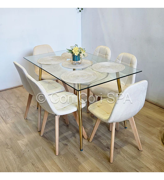 Comedor Rubi Gold 130x80cms + 6 Sillas Capitonne Velvet 