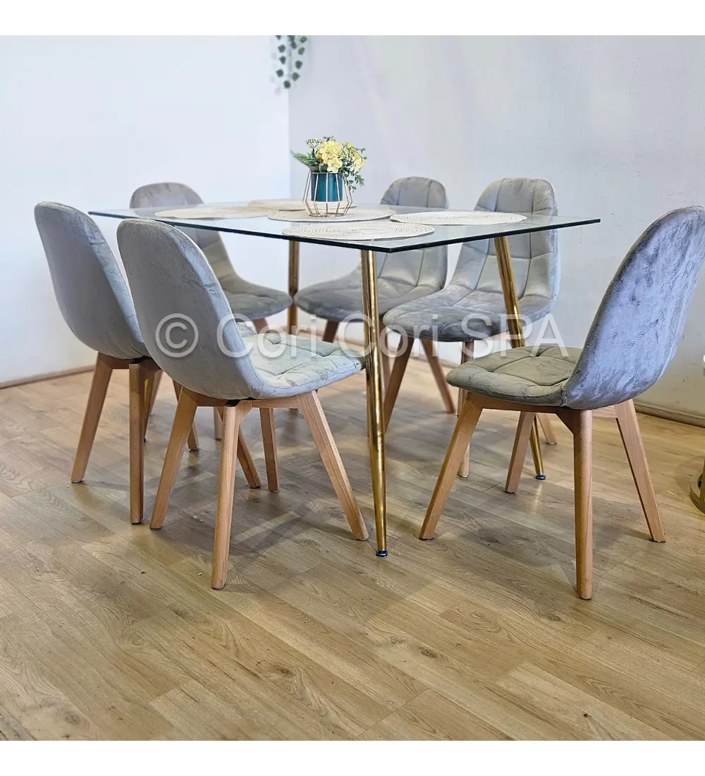Comedor Rubi Gold 130x80cms + 6 Sillas Capitonne Velvet 